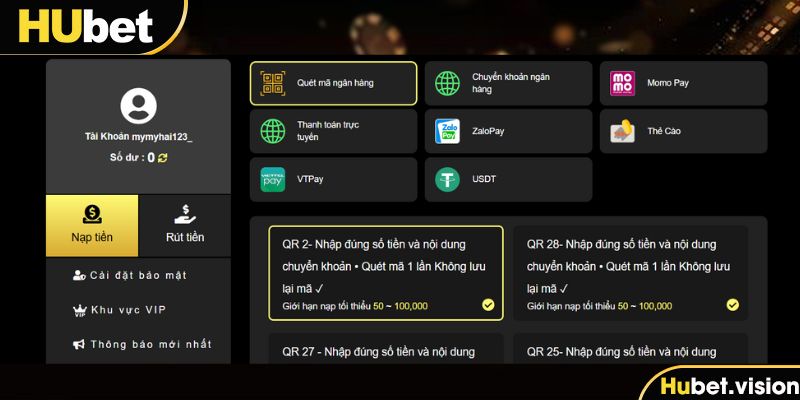Nạp tiền HUBET - Nạp một lần, cược thả ga